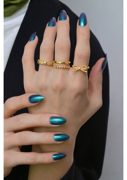 4'lü Gold Yüzük Zirkon Taşlı Fiyonk Sezar Kalp ve Alyans Model Altın Kaplama Yüzük Set