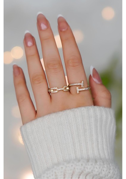 2'li Zirkon Taşlı Zincir ve T Model Gold Ayarlanabilir Kadın Yüzük Set (2 Yüzük)