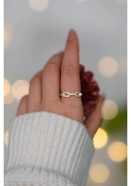 2'li Zirkon Taşlı Zincir ve T Model Gold Ayarlanabilir Kadın Yüzük Set (2 Yüzük) modelleri