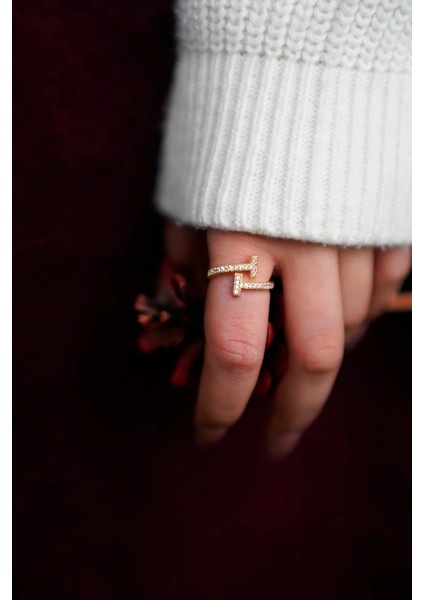 2'li Zirkon Taşlı Zincir ve T Model Gold Ayarlanabilir Kadın Yüzük Set (2 Yüzük)