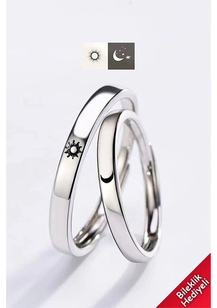 Ay ve Güneş Çift Alyans 2'li Set Gümüş Kaplama Ayarlanabilir Yüzük
