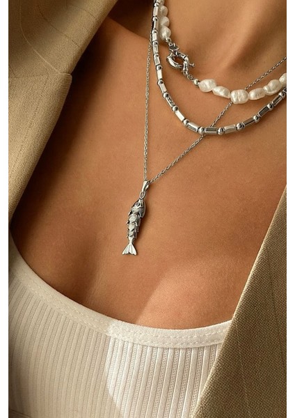 Kuyruğu Sallanan Balık Kolye Kararmaz Gümüş Kadın Çelik Kolye