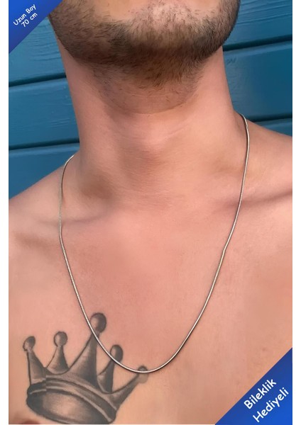 Unisex Ince Uzun Italyan Yılan Model Gümüş Kolye Çelik Zincir 70 cm