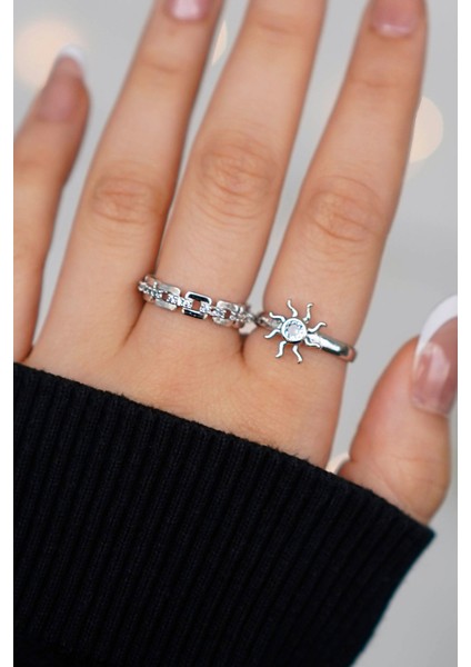 2'li Zirkon Taşlı Zincir ve Güneş Model Gümüş Ayarlanabilir Kadın Yüzük Set (2 Yüzük)