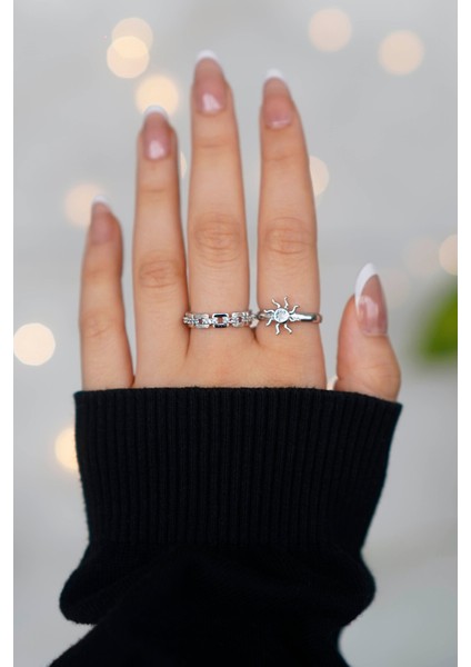 2'li Zirkon Taşlı Zincir ve Güneş Model Gümüş Ayarlanabilir Kadın Yüzük Set (2 Yüzük) fiyatları