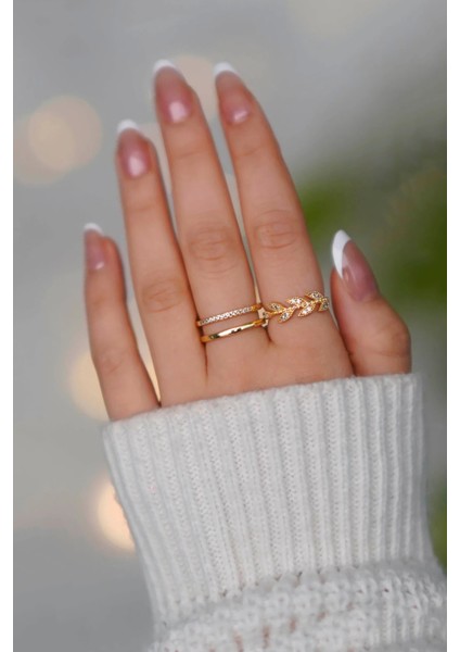 2'li Zirkon Taşlı Su Yolu ve Yaprak Model Gümüş Ayarlanabilir Kadın Yüzük Set (2 Yüzük)