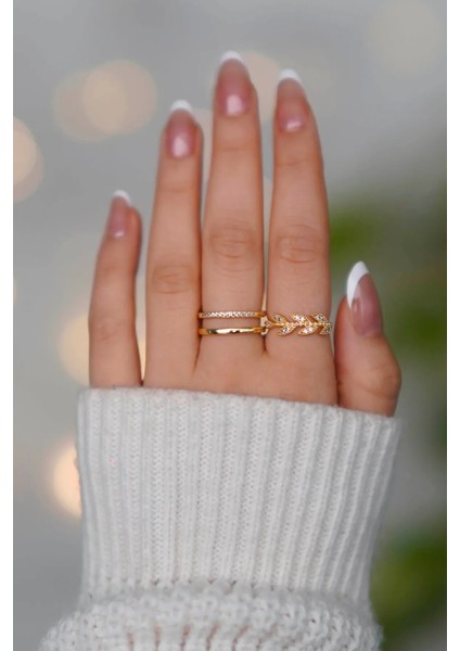 2'li Zirkon Taşlı Su Yolu ve Yaprak Model Gümüş Ayarlanabilir Kadın Yüzük Set (2 Yüzük) fiyatları