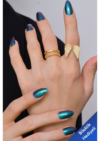 3'lü Gold Yüzük Zirkon Taşlı Melek Kanadı Sezar ve Alyans Model Altın Kaplama Yüzük Set