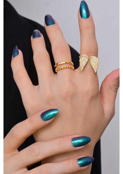 3'lü Gold Yüzük Zirkon Taşlı Melek Kanadı Sezar ve Alyans Model Altın Kaplama Yüzük Set fırsatları