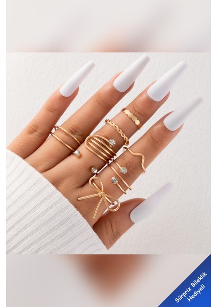 8'li Fiyonk Model Kombin Gold Yüzük Set