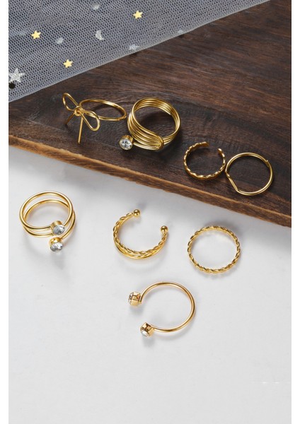 8'li Fiyonk Model Kombin Gold Yüzük Set modelleri