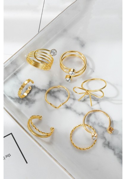 8'li Fiyonk Model Kombin Gold Yüzük Set fırsatları