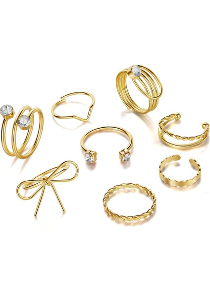 8'li Fiyonk Model Kombin Gold Yüzük Set