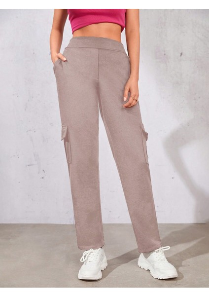 Kadın Camel Beli Lastikli Düz Paça Kargo Pantolon modelleri