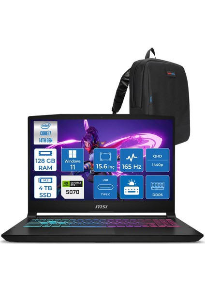 Msı Katana 15 Hx Intel Core I7 14650HX 128GB Ddr5 4tb SSD Windows 11 Pro RTX5070 8gb Gddr7 115W 15.6" 2k QHD(2560X1440) 165HZ Gaming Laptop B14WGK068XTRP45 + Zetta Çanta