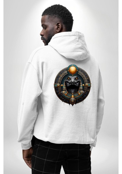 Nil Tanrısı Sobek Antik Mısır Koruyucu Enerjili Beyaz Kapüşonlu Sweatshirt Kadın Erkek Ön Minimal Sırt Baskılı modelleri