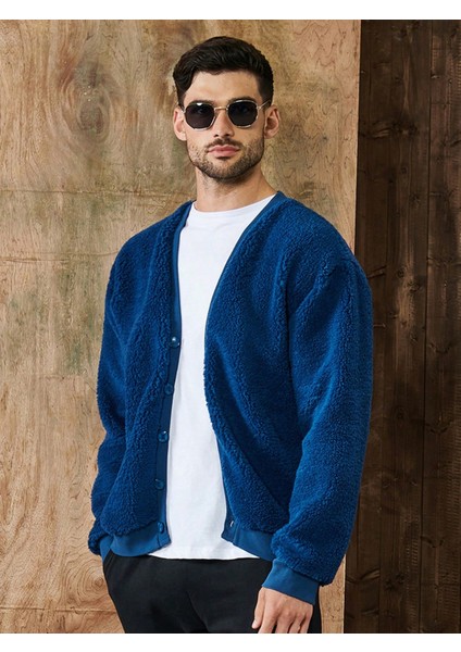 Lacivert V Yaka Düğmeli Peluş Hırka