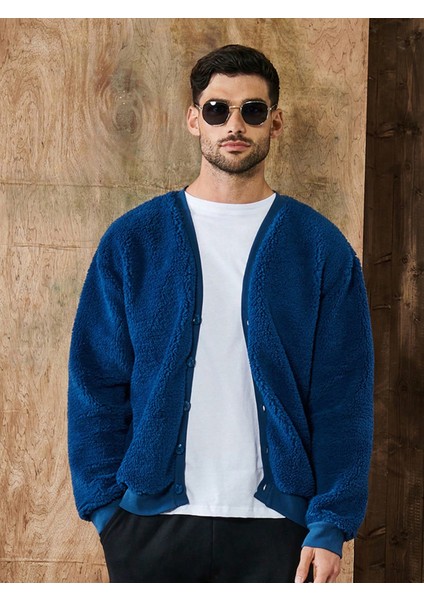 Lacivert V Yaka Düğmeli Peluş Hırka modelleri