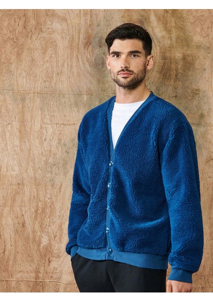 Lacivert V Yaka Düğmeli Peluş Hırka fırsatları