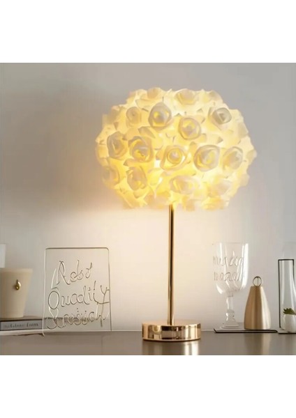 Bej 1 Adet Gül Çiçekli Masa Lambası Pe Abajur