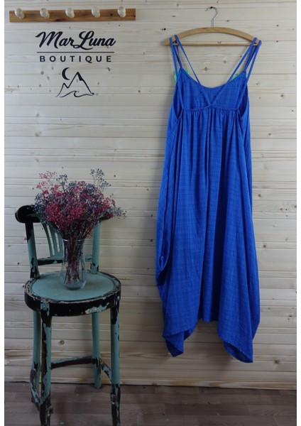 Marluna Kadın Bohem Yazlık Elbise – Çiçek Detaylı Askılı Mavi Elbise fiyatları