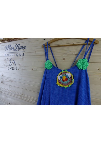 Marluna Kadın Bohem Yazlık Elbise – Çiçek Detaylı Askılı Mavi Elbise modelleri