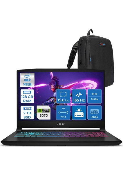 Msı Katana 15 Hx Intel Core I7 14650HX 128GB Ddr5 2tb SSD Freedos RTX5070 8gb Gddr7 115W 15.6" 2k QHD(2560X1440) 165HZ Gaming Laptop B14WGK068XTRF44 + Zetta Çanta