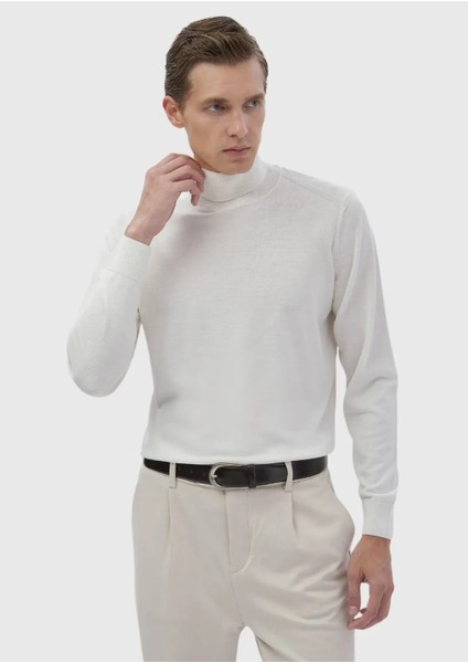 Ekru Tam Balıkçı Yaka Düz Örgü Yün Karışımlı Triko Kazak modelleri