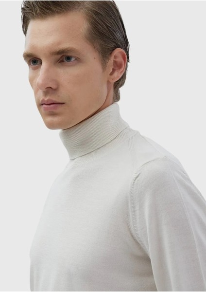 Ekru Tam Balıkçı Yaka Düz Örgü Yün Karışımlı Triko Kazak fırsatları