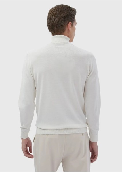 Ekru Tam Balıkçı Yaka Düz Örgü Yün Karışımlı Triko Kazak indirimleri