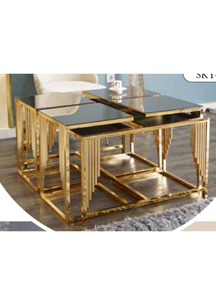 Mim Bronz - Gold Sütun Kare 4+1 Pizza Orta Sehpa