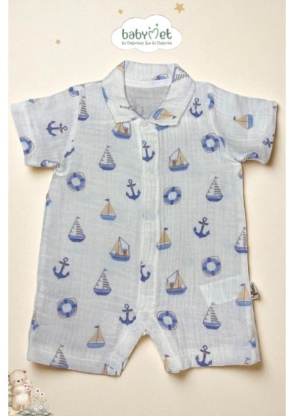 %100 Pamuk Erkek Bebek Müslin Tulum – Denizci Desen, Çıtçıtlı, Yumuşak&Doğal