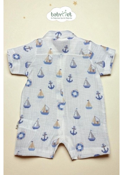 %100 Pamuk Erkek Bebek Müslin Tulum – Denizci Desen, Çıtçıtlı, Yumuşak&Doğal modelleri