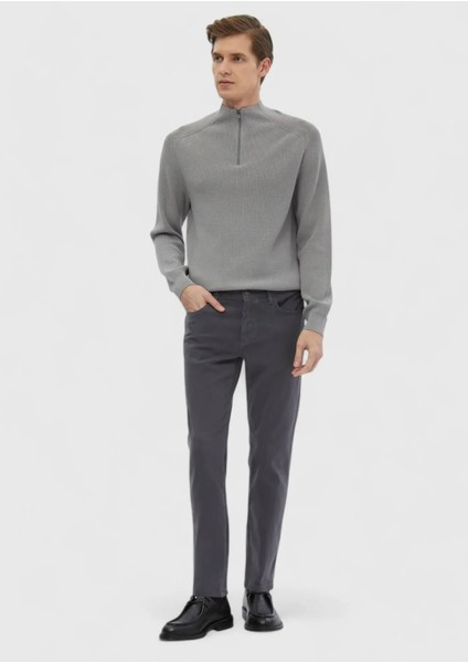 Koyu Gri Düz Dokuma Slim Fit Casual Pamuk Karışımlı Pantolon