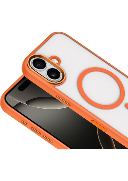 Apple iPhone 17 Kılıf Wireless Şarj Özellikli Krom M-Safe Silikon Kapak Turuncu modelleri