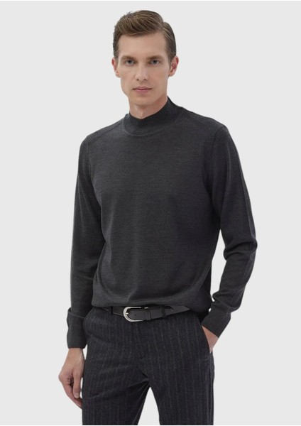 Antrasit Bato Yaka Düz Örgü Yün Karışımlı Triko Kazak