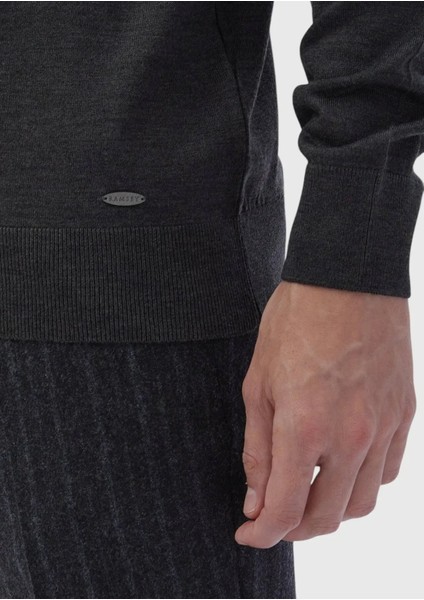 Antrasit Bato Yaka Düz Örgü Yün Karışımlı Triko Kazak fırsatları