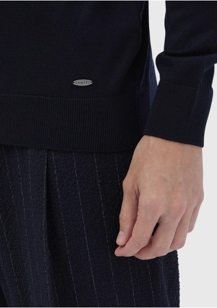 Lacivert Bato Yaka Düz Örgü Yün Karışımlı Triko Kazak fırsatları