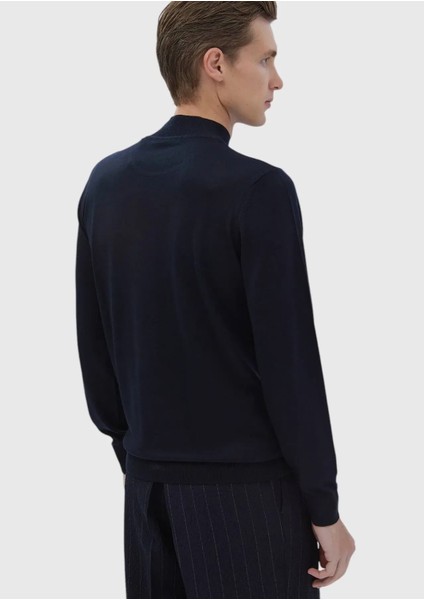 Lacivert Bato Yaka Düz Örgü Yün Karışımlı Triko Kazak indirimleri