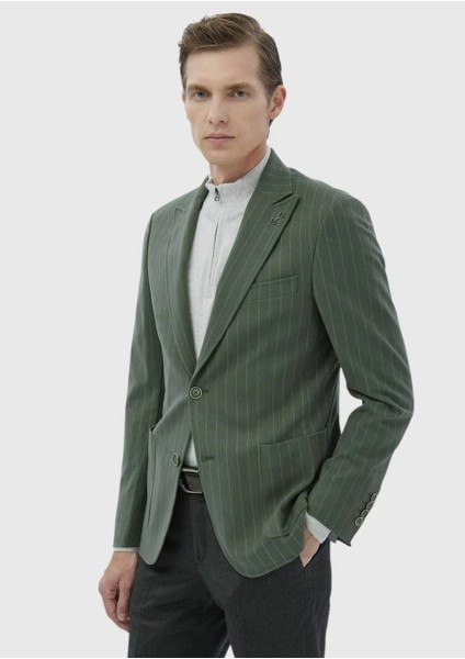 Açık Yeşil Çizgili Zeroweight Slim Fit Pamuk Karışımlı Ceket