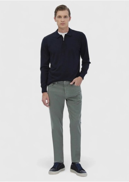 Yeşil Düz Dokuma Slim Fit Casual Pamuk Karışımlı Pantolon