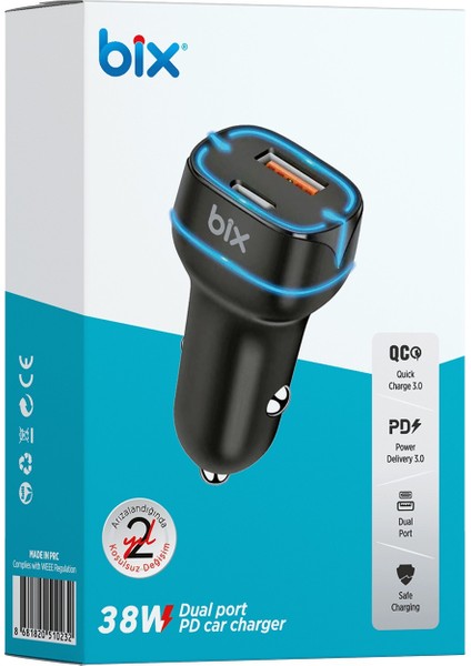 Bix 38W Usb-C 2 Port Araç Içi Hızlı Şarj Aleti Samsung Pps Destekli Akım Korumalı Güç Adaptörü Çakmaklık iPhone & Android & iPad Type-C Pd 3.0 20W + Qc 3.0 18W fiyatları
