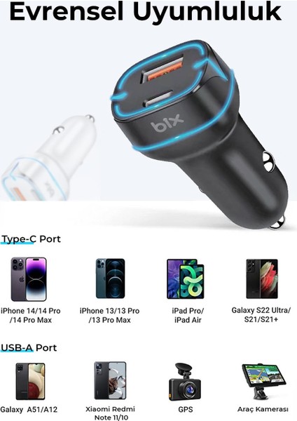 Bix 38W Usb-C 2 Port Araç Içi Hızlı Şarj Aleti Samsung Pps Destekli Akım Korumalı Güç Adaptörü Çakmaklık iPhone & Android & iPad Type-C Pd 3.0 20W + Qc 3.0 18W modelleri