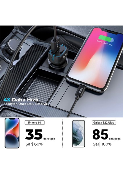Bix 38W Usb-C 2 Port Araç Içi Hızlı Şarj Aleti Samsung Pps Destekli Akım Korumalı Güç Adaptörü Çakmaklık iPhone & Android & iPad Type-C Pd 3.0 20W + Qc 3.0 18W