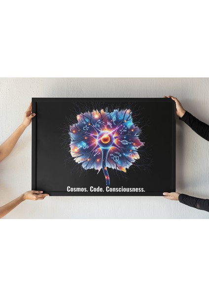 Bilim Temalı Çerçeveli Tablo – Sinir Hücresi, Dna ve Kozmos Tasarımı – Bilim Sever Dekoru – 30X42 cm