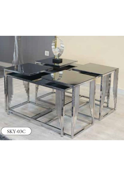 Mim Füme- Gümüş Sütun Kare 4+1 Pizza Orta Sehpa