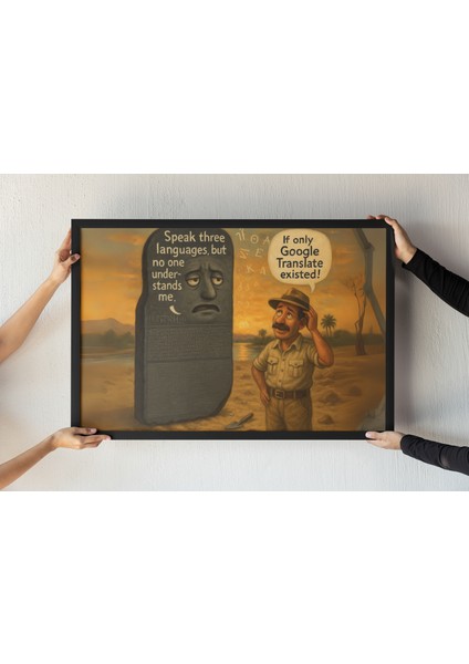 Rosetta Taşı Çerçeveli Tablo – Tarihi Mizah Baskı – Dilbilimci Hediyesi – Arkeoloji Dekor – 30X42 cm