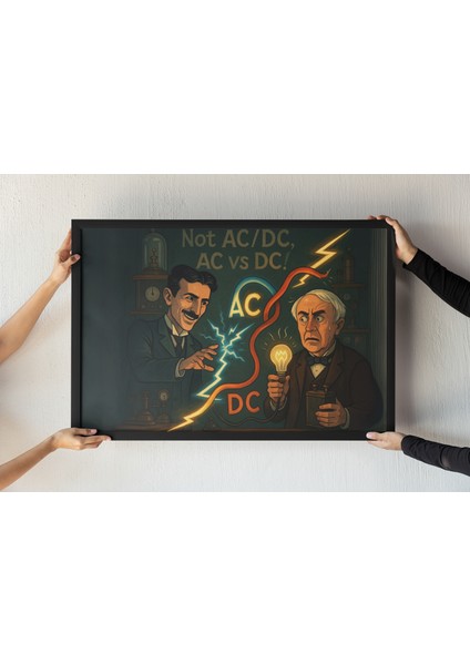 Ac Vs Dc Çerçeveli Tablo – Tesla & Edison Elektrik Icadı – Bilim ve Mühendislik Dekoru – 30X42 cm