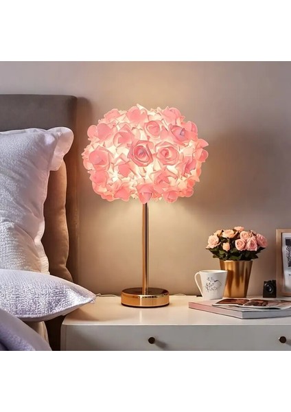 Pembe 1 Adet Gül Çiçekli Masa Lambası Pe Abajur