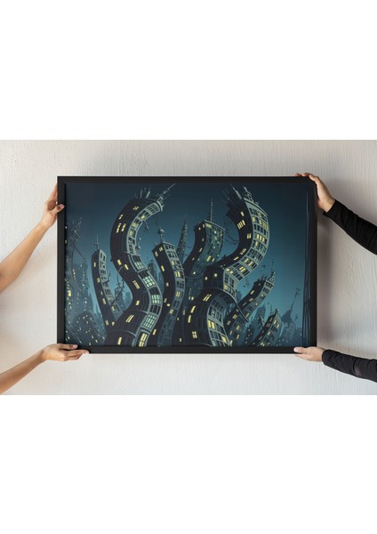 Surreal City Çerçeveli Tablo – Bükülmüş Binalar – Distopik Şehir – Modern ve Gotik Mimari 30X42 cm